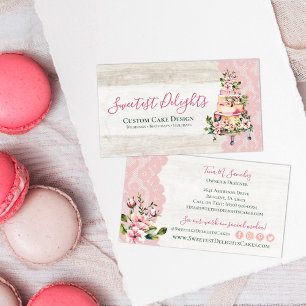 Rustic Wood Watercolor Floral Wedding Cake Bakery Business Card