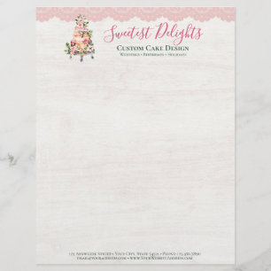 Rustic Wood Watercolor Floral Wedding Cake Bakery Custom Letterhead