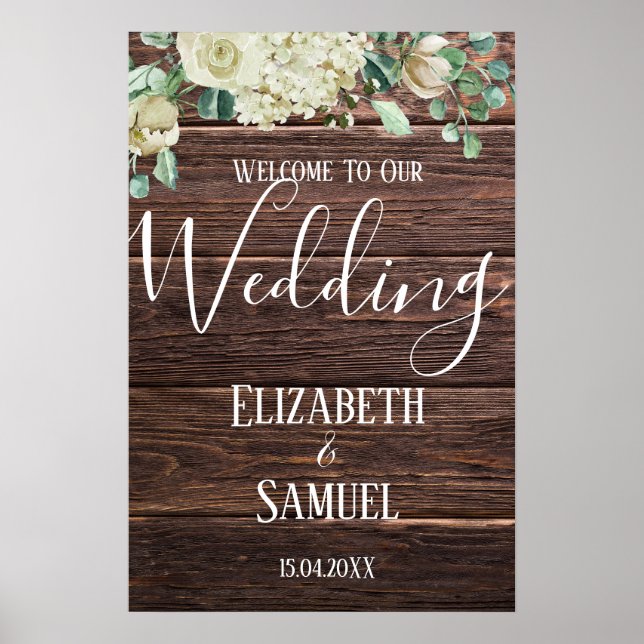 Rustic wood watercolor floral wedding Welcome Sign (Front)