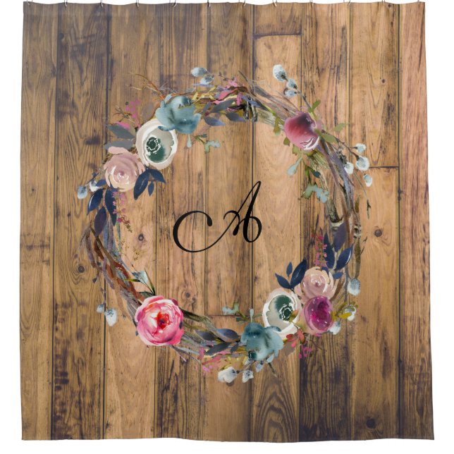 Rustic Wood Watercolor Floral Wreath Farmhouse Shower Curtain (Front)
