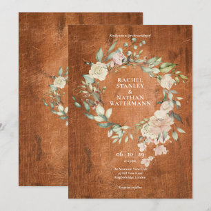 Rustic Wood Watercolor Greenery Floral Wedding Invitation
