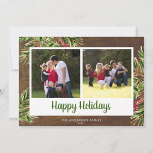 Rustic Wood Watercolor Pine 2 Photo Happy Holidays Holiday Card