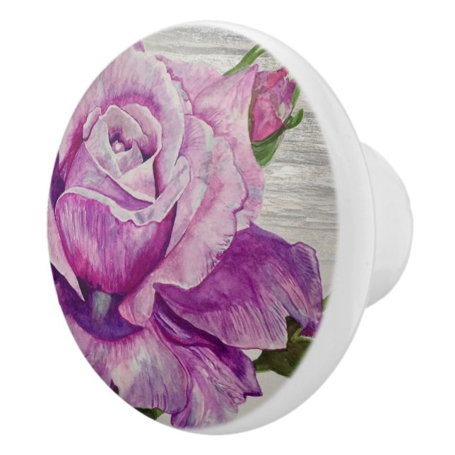 Rustic Wood Watercolor Purple Rose  Ceramic Knob (Right)