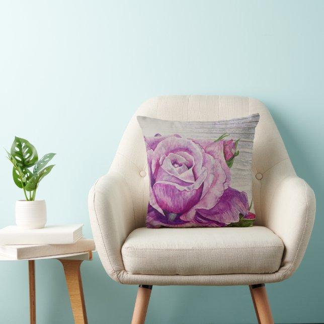 Rustic Wood Watercolor Purple Rose Cushion (Chair)