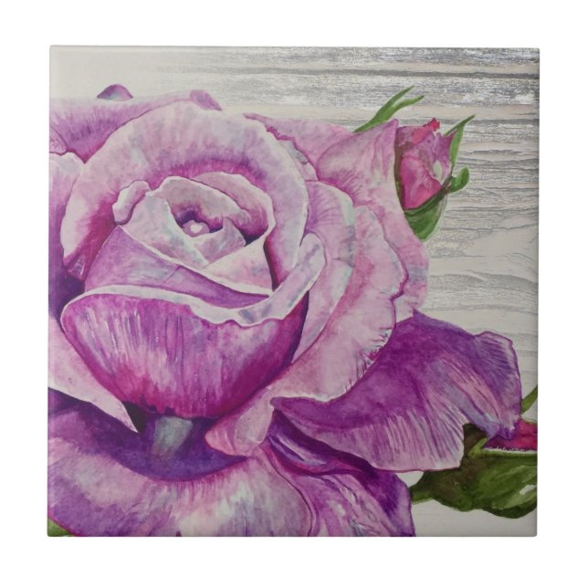 Rustic Wood Watercolor Purple Rose Tile (Front)