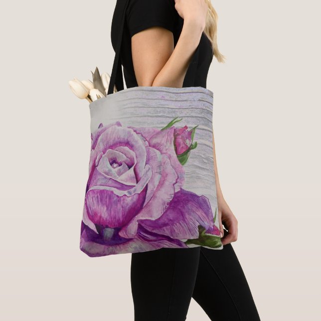 Rustic Wood Watercolor Purple Rose Tote Bag (Close Up)