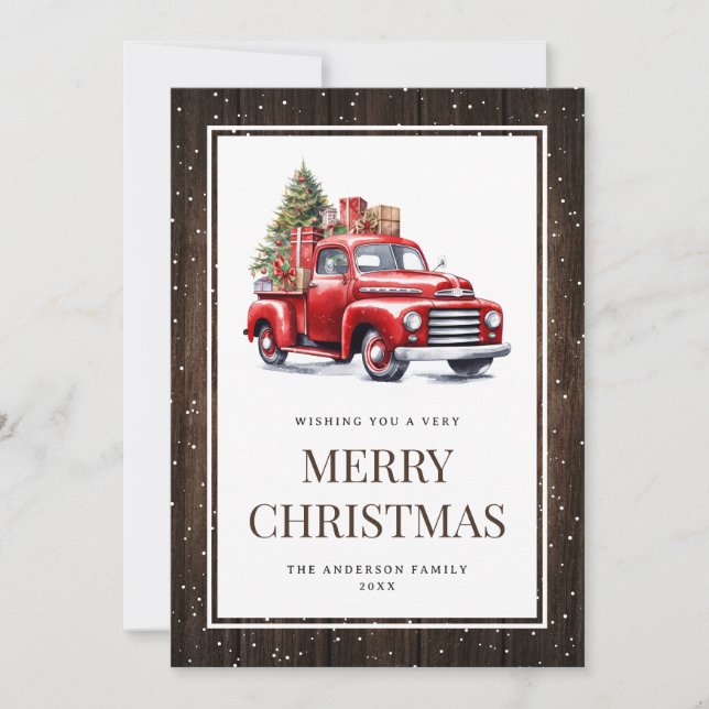 Rustic Wood Watercolor Red Truck Christmas Tree Holiday Card (Front)