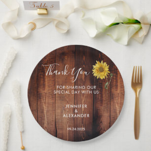 Rustic wood watercolor sunflower wedding thank you paper plate