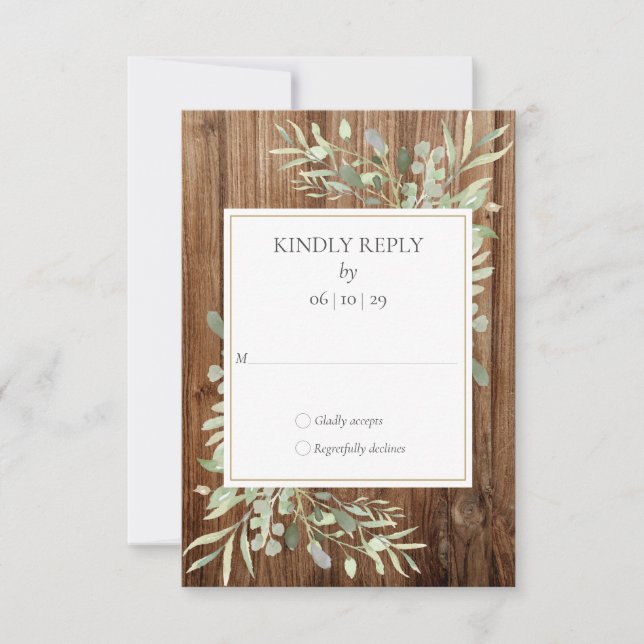 Rustic Wood  Watercolour Greenery Wedding RSVP Card (Front)