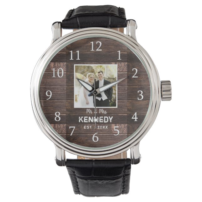 Rustic Wood Wedding Anniversary Photo Watch (Front)