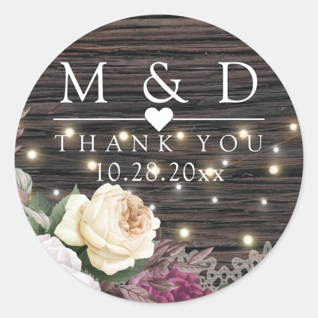 Rustic wood Wedding Floral initials Classic Round Sticker (Front)