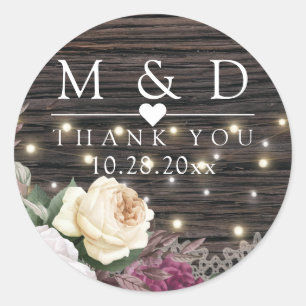 Rustic wood Wedding Floral initials Classic Round Sticker