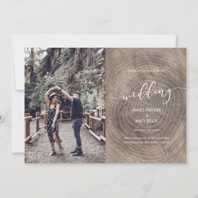 Rustic wood wedding invitation photo card (Front)