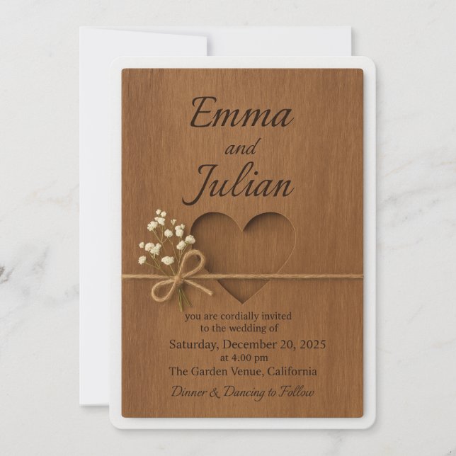 Rustic Wood Wedding Invitation with Heart Cutout & (Front)