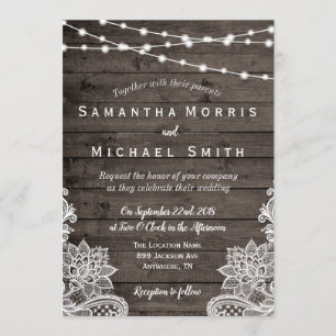 Rustic Wood Wedding Invitation with String Lights