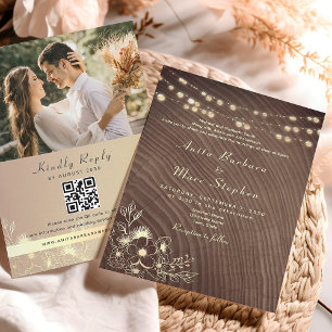 Rustic Wood Wedding Invitation with String Lights