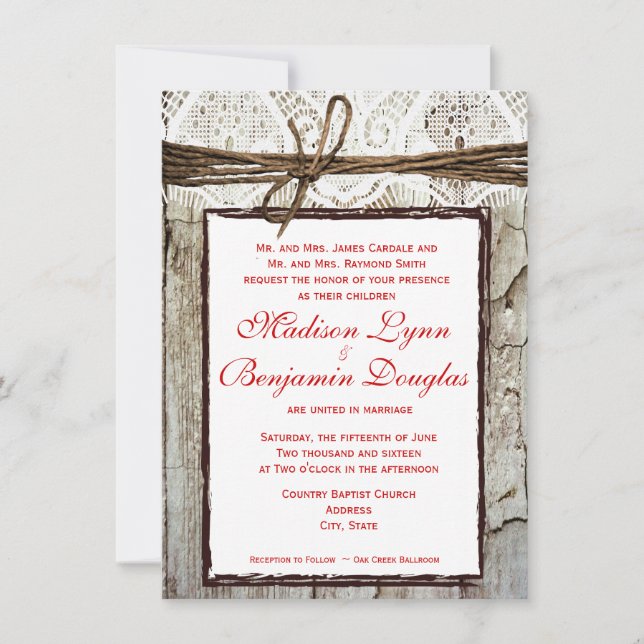 Rustic Wood Wedding Invitations Red Lettering (Front)