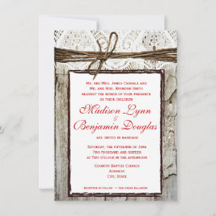 Rustic Wood Wedding Invitations Red Lettering