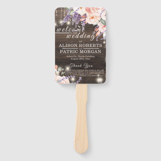 Rustic wood Wedding Lavender Lace Wedding Program Hand Fan (Front)