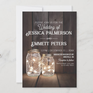 Rustic Wood Wedding Mason Jar Light Strings Custom Invitation