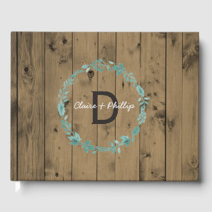 Rustic Wood Wedding Monogram Botanical Wreath Guest Book