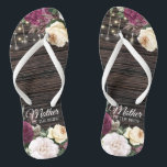 Rustic wood Wedding Mother of the Bride Jandals<br><div class="desc">Rustic wood Wedding Mother of the Bride design with lace details and string of lights. Beautiful floral details are in first plan and make these design elegant and chic. Design is easy to personalise, if you wish to change fonts please Click to customise further. This design is perfect for outdoor...</div>