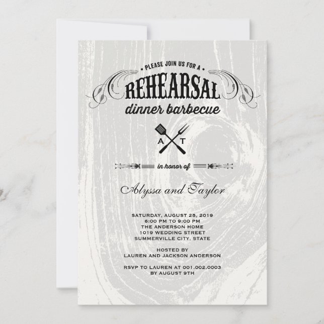 Rustic Wood Wedding Rehearsal Dinner BBQ Party Invitation (Front)
