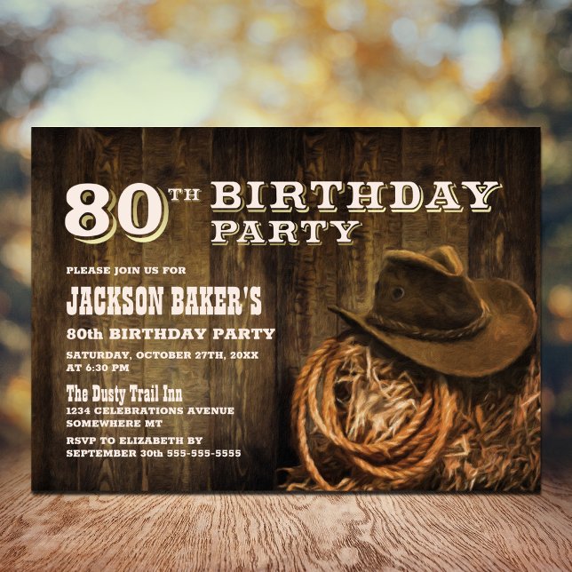 Rustic Wood Western 80th Birthday Party Invitation (Creator Uploaded)