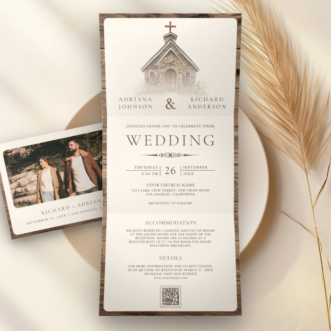 Rustic Wood Western Chapel All in One Wedding Tri-Fold Invitation (Creator Uploaded)