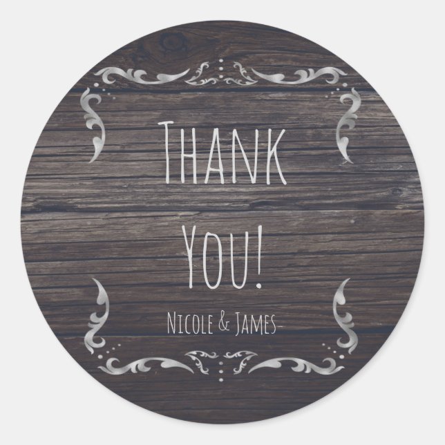 Rustic Wood Western Elegance Romantic Wedding Classic Round Sticker (Front)