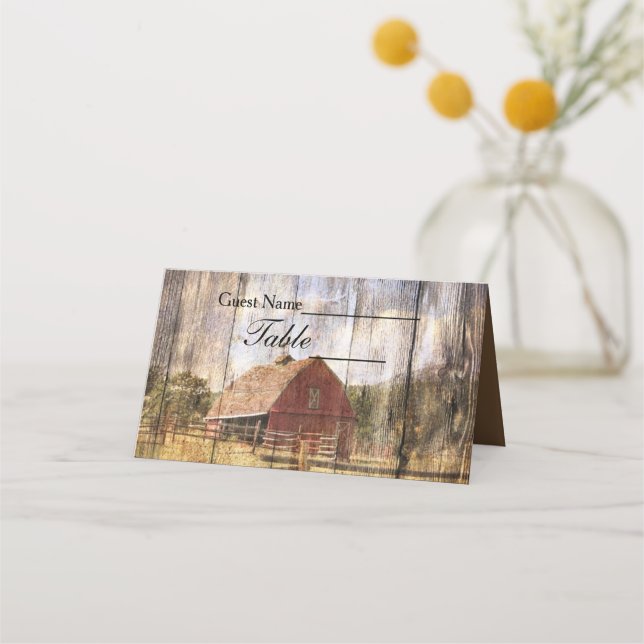 Rustic Wood western red barn country wedding Place Card (Front)