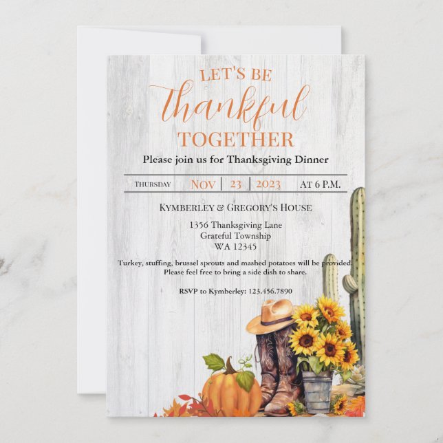 Rustic Wood Western Sunflower Thanksgiving Dinner Invitation (Front)