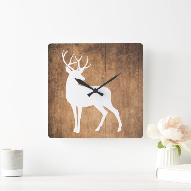 Rustic Wood & White Deer  Square Wall Clock (Home)