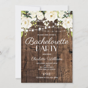 Rustic Wood White Floral Bachelorette Party Invitation