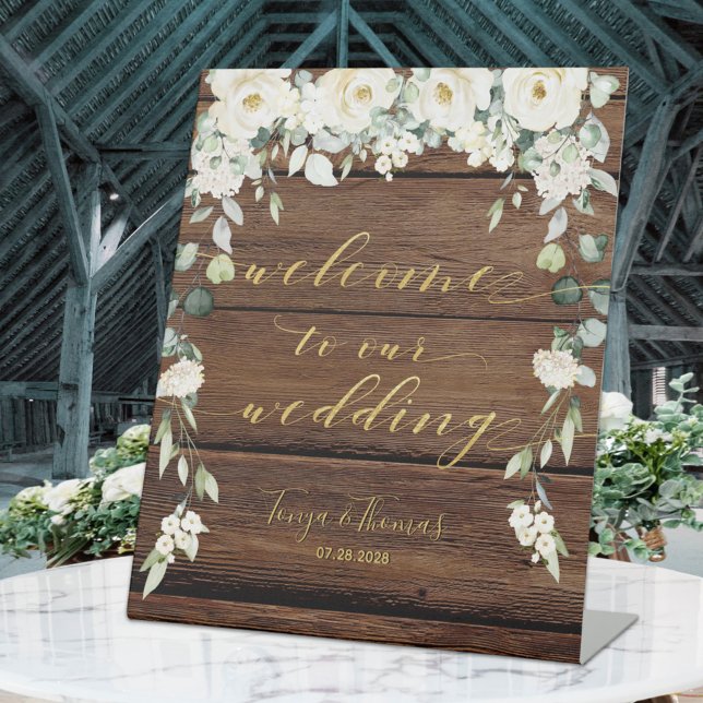 Rustic Wood White Floral Gold Fancy Calligraphy Pedestal Sign (Creator Uploaded)
