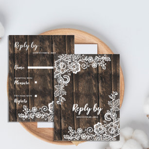 Rustic Wood White Floral Lace Country Wedding RSVP Postcard
