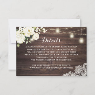 Rustic Wood White Floral Lace Wedding Details Info Invitation