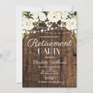 Rustic Wood White Floral Retirement Party Invitation