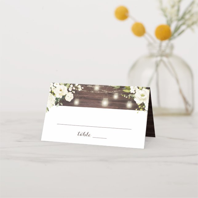 Rustic Wood White Floral String Lights Place Card (Front)