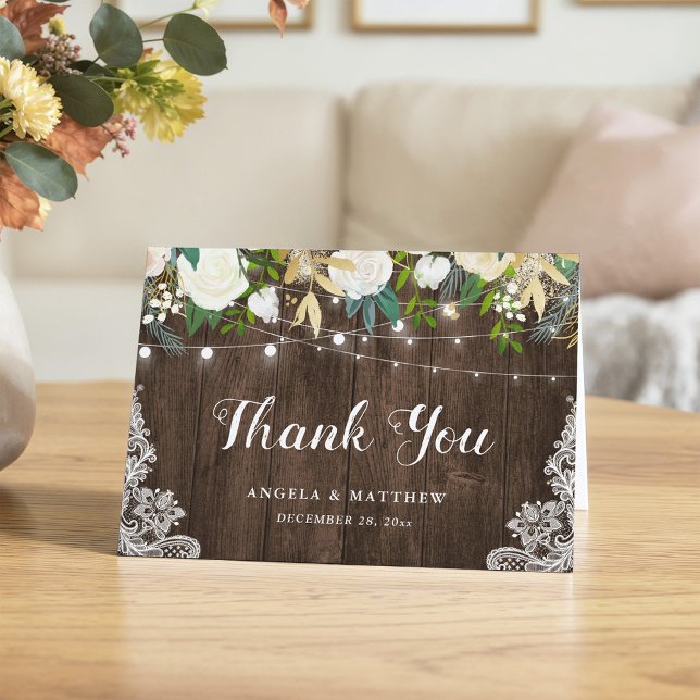 Rustic Wood White Floral String Lights Thank You (Creator Uploaded)