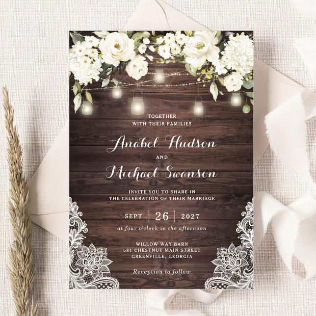 Rustic Wood White Flower Lace String Light Wedding Invitation (Creator Uploaded)