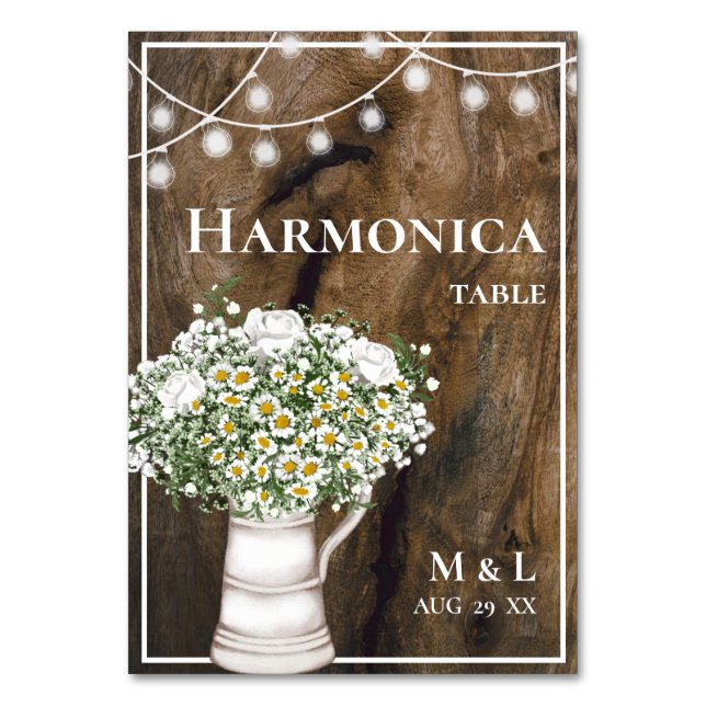 Rustic Wood White Flowers Lights Harmonica Wedding Table Number (Front)