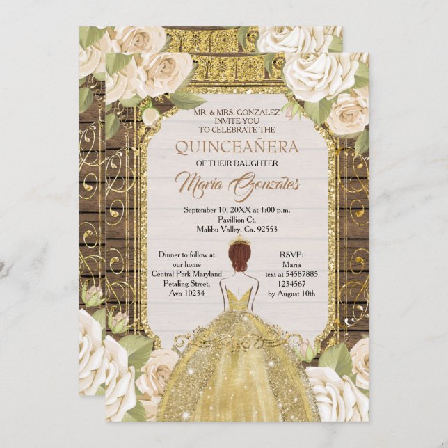 Rustic Wood White Flowers Quinceanera Birthday  Invitation (Front/Back)