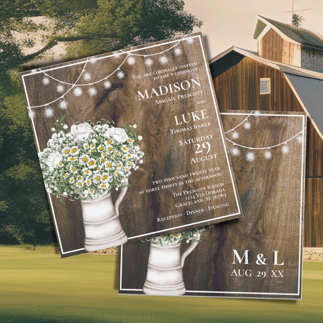 Rustic Wood White Flowers String of Lights Wedding Invitation (Creator Uploaded)