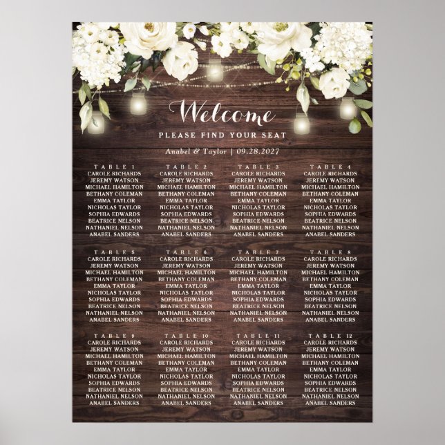 Rustic Wood White Flowers Wedding Seating Chart (Front)