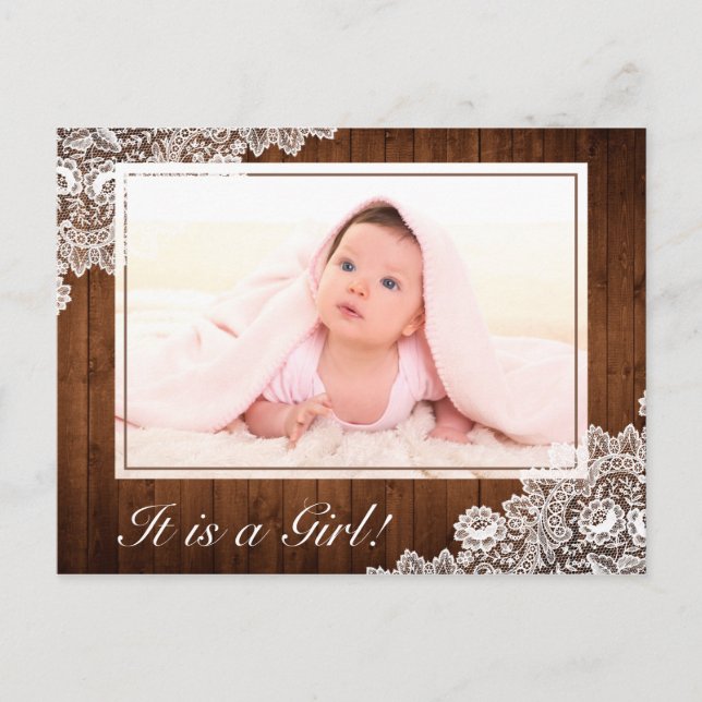 Rustic Wood & White Lace Baby Girl Photo Birth Announcement Postcard (Front)