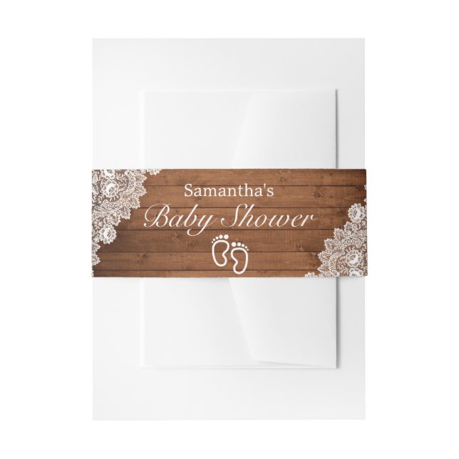 Rustic Wood & White Lace Baby Shower Invitation Belly Band (Front Example)