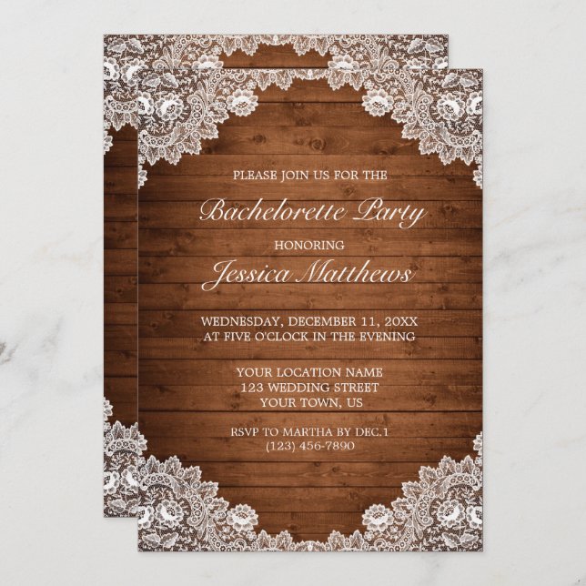 Rustic Wood & White Lace Bachelorette Party Invitation (Front/Back)