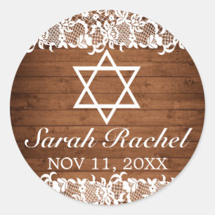Rustic Wood & White Lace Bar Bat Mitzvah Classic Round Sticker