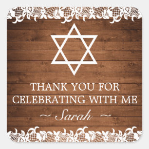 Rustic Wood & White Lace Bar Bat Mitzvah Thank You Square Sticker